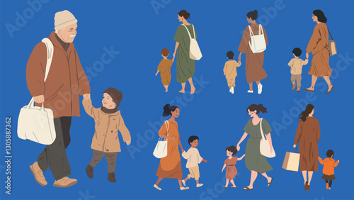 Diverse families walking together, isolated vector set