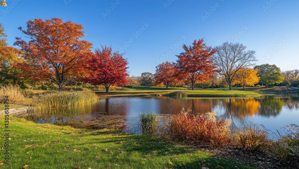 Fototapeta premium Autumnal park scene with a serene pond reflecting colorful trees. Lush fall foliage, vibrant reds, oranges, and yellows, surrounds a calm body of water, with green grass and reeds. 