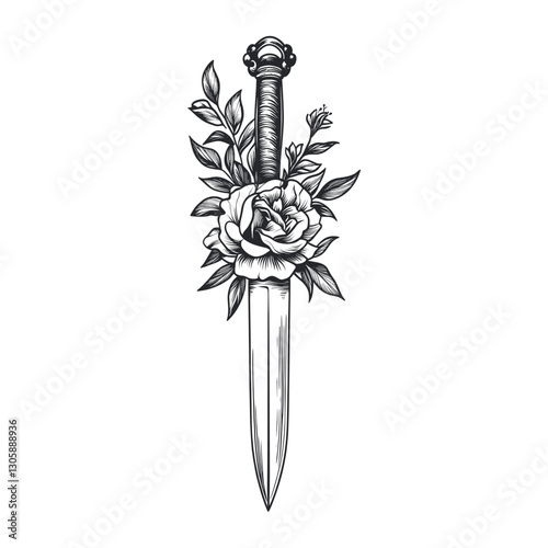 Knife with flower tattoo art illustration vintage vector