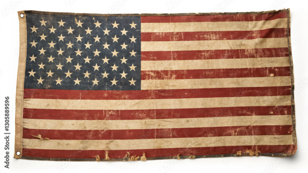 distressed American flag with visible wear and tear, symbolizing resilience and history. flag faded colors and frayed edges evoke sense of nostalgia and patriotism distressed American flag with visible wear and tear, symbolizing resilience and history. flag faded colors and frayed edges evoke sense of nostalgia and patriotism