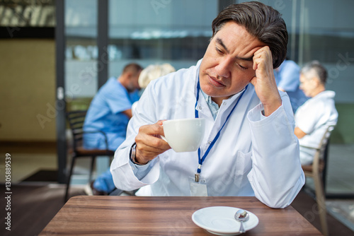 Tired doctor drinking coffee during break at hospital photo