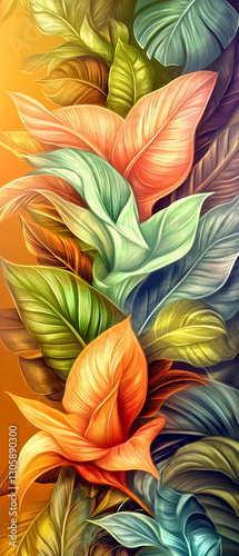 Wallpaper Mural A painting of a bunch of flowers with green, orange, and yellow leaves. The painting is colorful and lively, with a sense of growth and vitality Torontodigital.ca