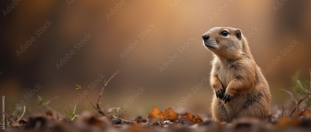 Obraz premium Groundhog Stands Alert in a Golden Autumn Landscape