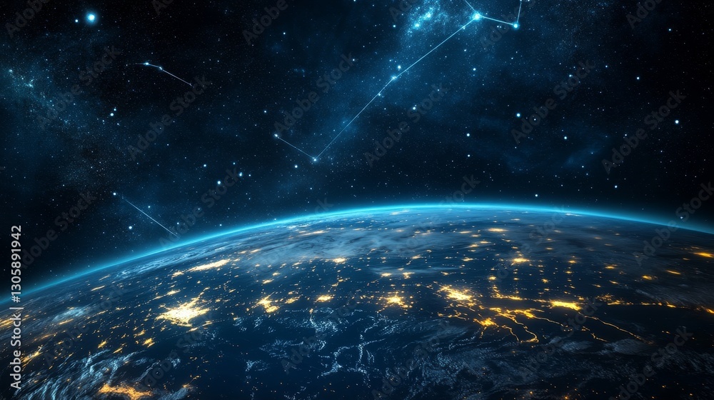 Obraz premium Earth's Night Lights and Celestial Constellation, Digital Painting, Space, Night Sky, Planet Earth Space, Astronomy