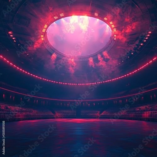 Vibrant concert arena illuminated with dramatic lighting, showcasing an empty stage ready for an electrifying performance.