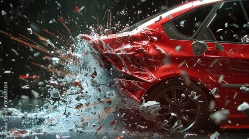 Dramatic car crash scene with a severely damaged vehicle shattered glass and scattered debris strewn across the asphalt road  The high impact collision has caused significant destruction and chaos