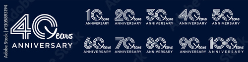 collection anniversary 10 to 100 year logo designs. abstract number for celebration event, wedding, greeting card, and invitation, vector illustration