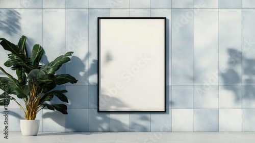 Stylish Minimalist Wall Art with Green Plant on Light Tile Background