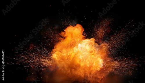 Realistic fire explosion, orange blast with sparks isolated on black background