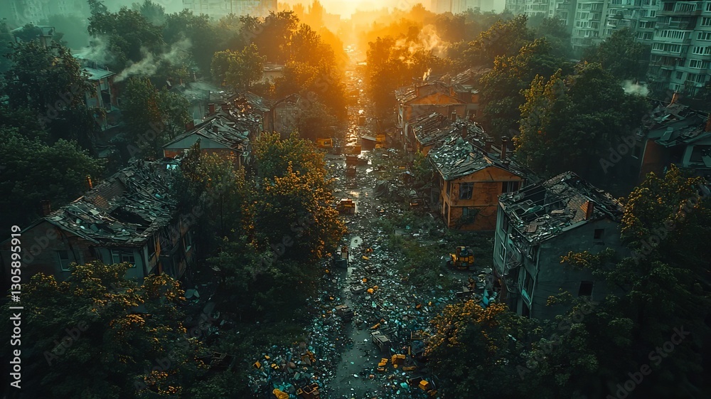 Sunrise over a desolate urban landscape, showcasing abandoned buildings and overgrown vegetation, evoking themes of decay and renewal. Sunrise over a desolate urban landscape, showcasing abandoned buildings and overgrown vegetation, evoking themes of decay and renewal.