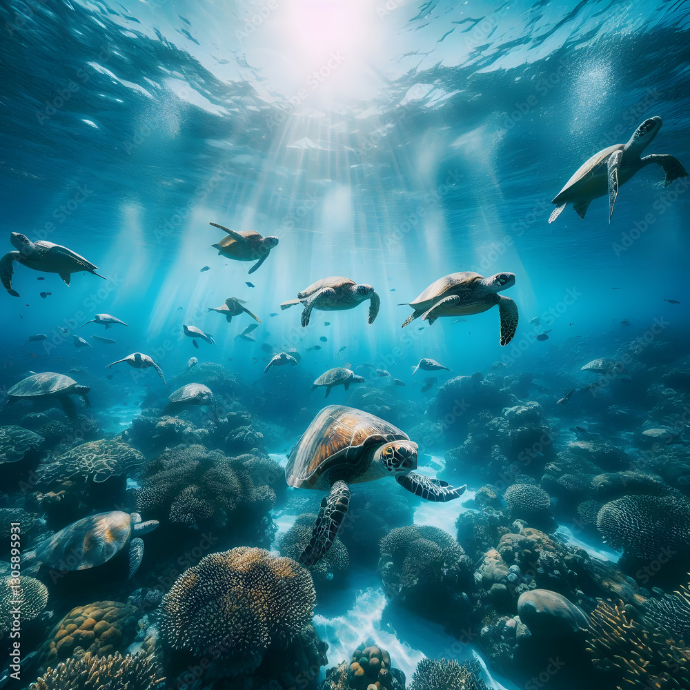 Fototapeta premium Many sea turtles swim gracefully over a coral reef in clear blue depths, sunbeams illuminate the tranquil underwater scene