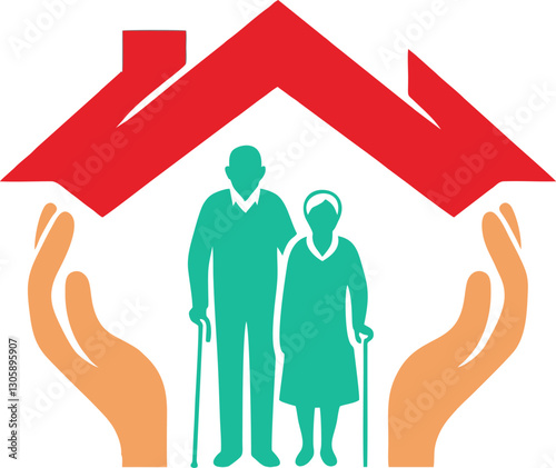 Symbolic Illustration of Elderly Protection with Hands and Home Shelter for Safety, Care, and Support in Senior Living