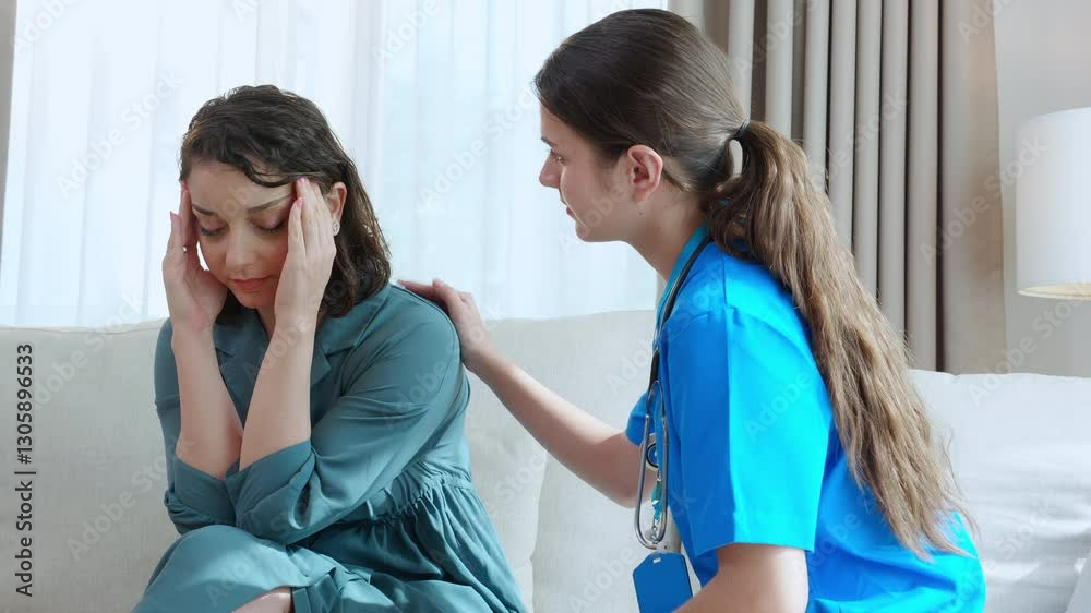 Caregiver caucasian young nurse woman comforting patient woman with stress and concern, doctor encourage and consoling patient with cancer while worry and sadness, medical and insurance.