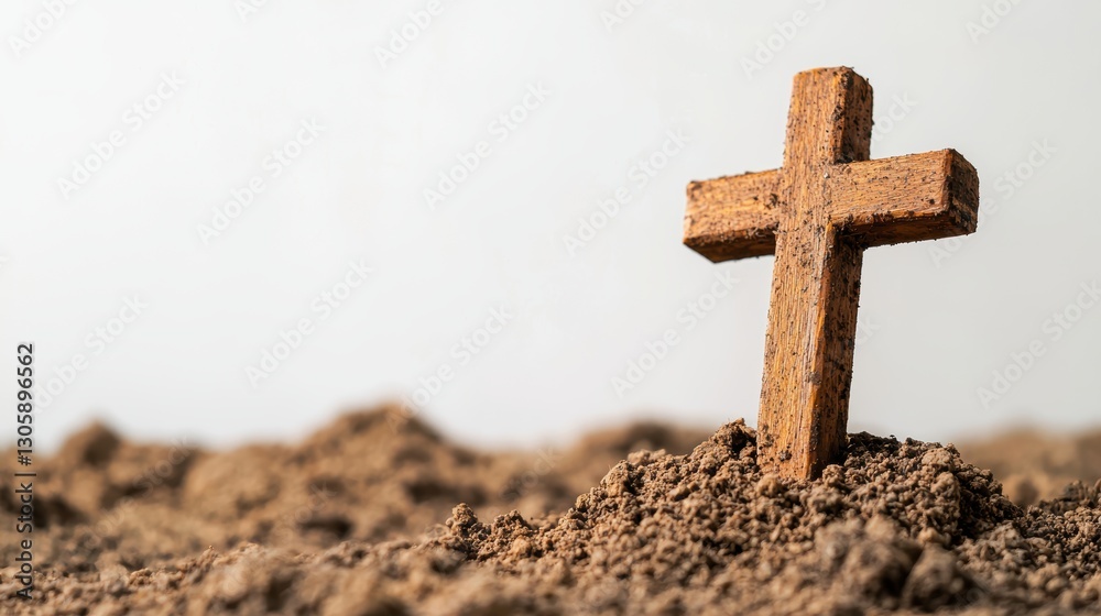 Wooden cross standing in soil with a neutral background. Wooden cross standing in soil with a neutral background.