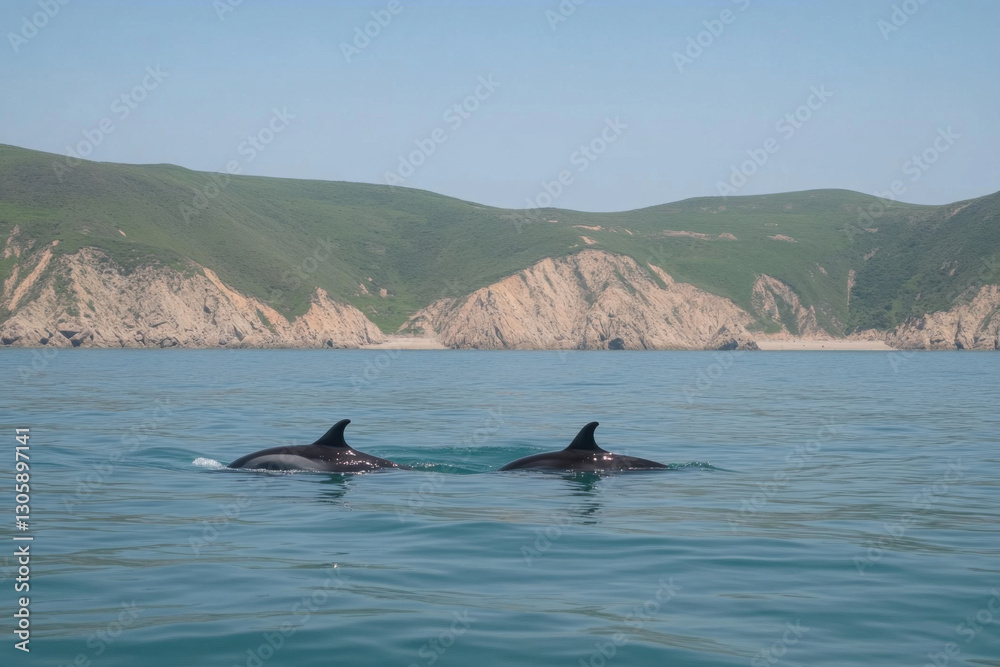 Fototapeta premium Two dolphins swimming in the ocean