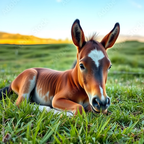 baby horse foal lazing in the summer sun. cute foal laying on the grass. adorable animals