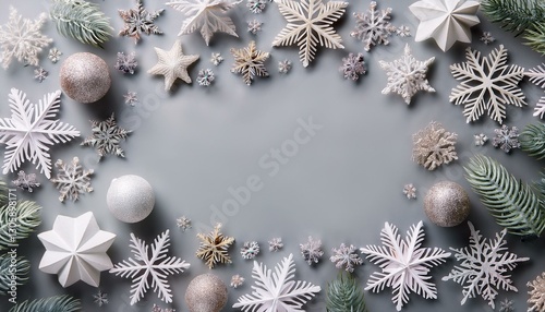 christmas composition christmas frame made of snowflakes on pastel gray background winter concept flat lay top view copy space