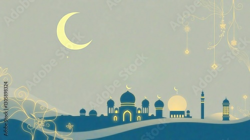 An elegant and harmonious generative AI image of an Islamic design with an Eid theme, displaying nuances of togetherness, blessings, and joy wrapped in a distinctive Islamic aesthetic.
