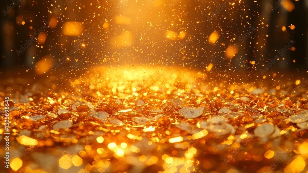 Glittering gold coins scattered on a shimmering surface, illuminated by warm light, creating a luxurious and enchanting atmosphere. Glittering gold coins scattered on a shimmering surface, illuminated by warm light, creating a luxurious and enchanting atmosphere.