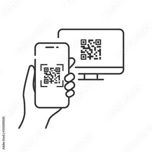 スマホでQRコードをスキャンするベクターアイコン (キャッシュレス決済)