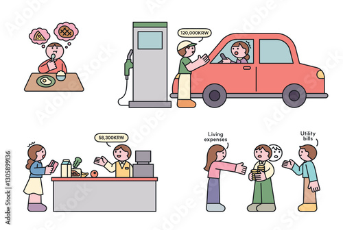 Illustration of increasing living costs, including food prices, gas expenses, grocery shopping, and utility bills. Concept of financial burden and inflation.