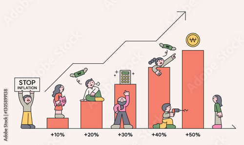 Illustration of inflation growth with increasing living costs and financial struggles. Concept of economic crisis, price rise, and purchasing power decline.
