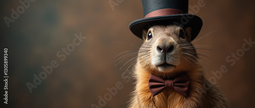 Whimsical Marmot Wearing a Top Hat and Bow Tie Poses for a Portrait