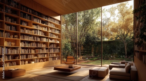 Contemporary home library with built-in wooden shelves, minimal furniture, and natural light