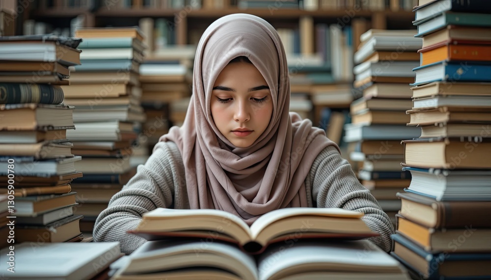 Student reading in library academic environment photo focused atmosphere intimate perspective Student reading in library academic environment photo focused atmosphere intimate perspective