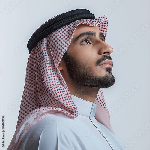Traditional Saudi Man in Cultural Dress: Thoughtful Arabian Male with Confidence and Style - Close-Up Portrait Photography Highlighting Middle Eastern Heritage and Elegance
