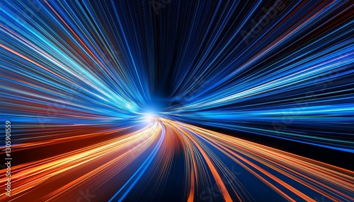 A captivating display of high-speed light streaks in blue and orange, creating a dynamic motion effect that evokes speed and energy during nighttime scenes