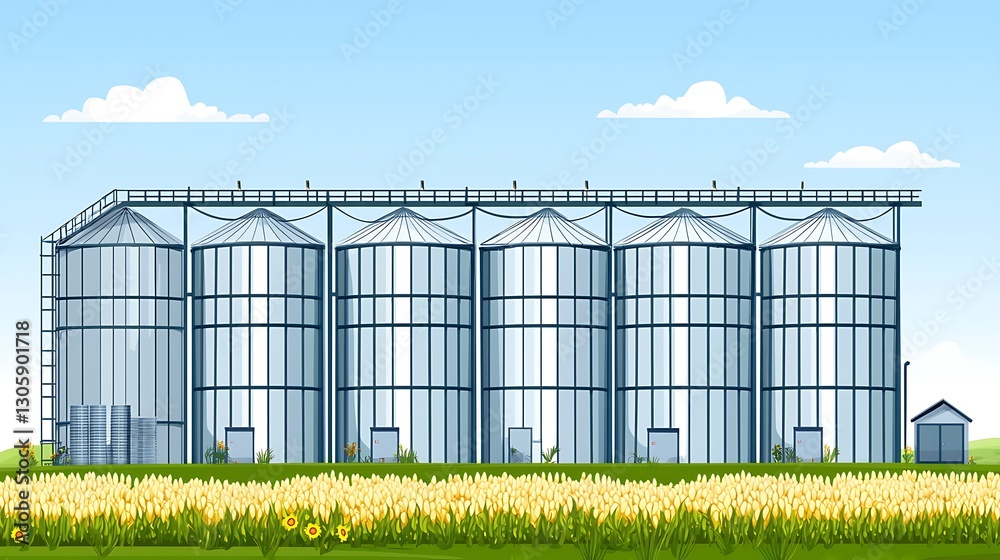 Fototapeta premium Modern Grain Storage Facility in a Sunny Field.