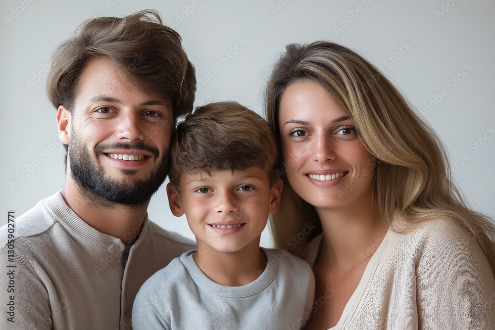 Happy Family Portrait: Loving Parents & Smiling Child Indoors