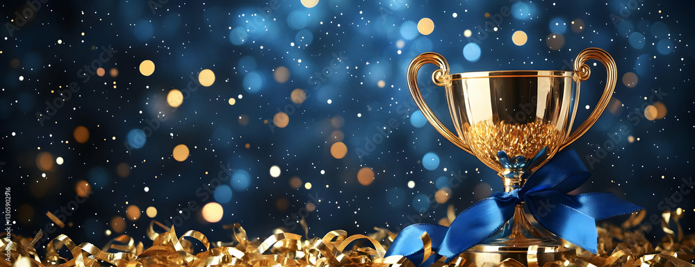 Gold trophy, blue ribbon, confetti. Celebration Gold trophy, blue ribbon, confetti. Celebration