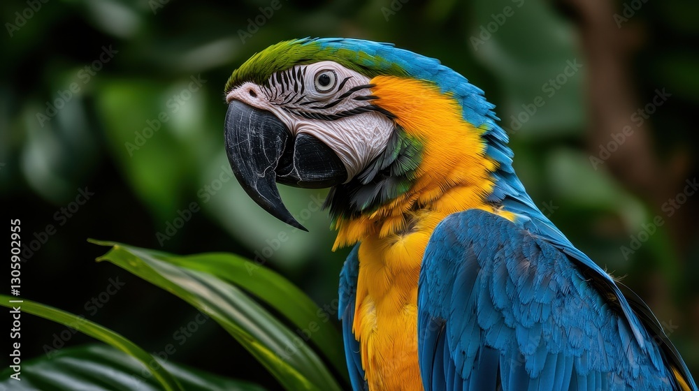 Vibrant Blue and Yellow Macaw Perched Amidst Lush Green Foliage in Tropical Environment Vibrant Blue and Yellow Macaw Perched Amidst Lush Green Foliage in Tropical Environment