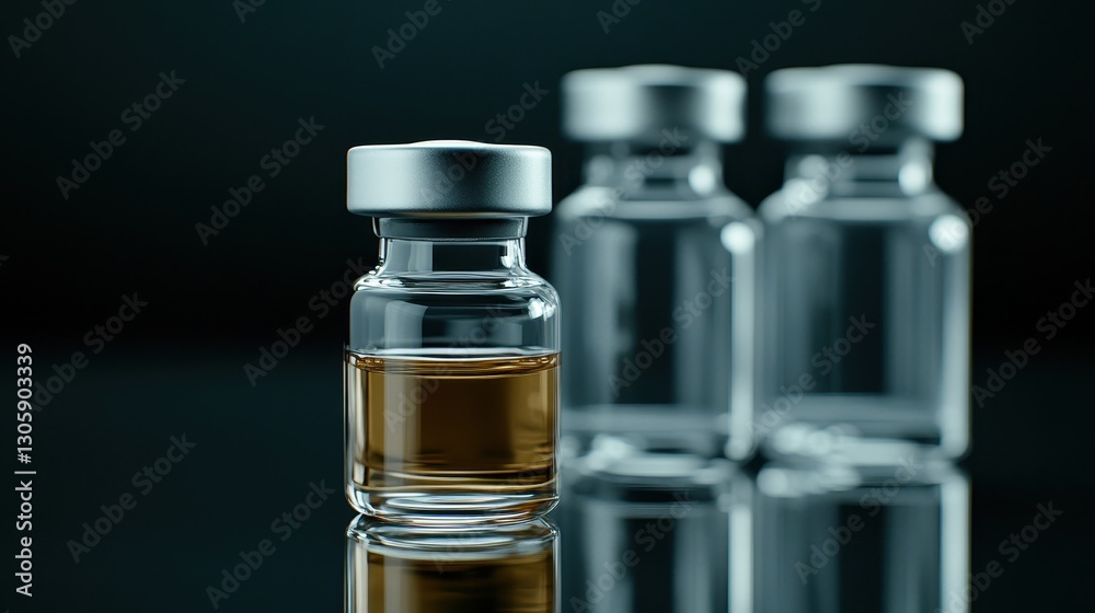 Glass vial containing liquid with blurred background of additional vials in a dark setting Glass vial containing liquid with blurred background of additional vials in a dark setting