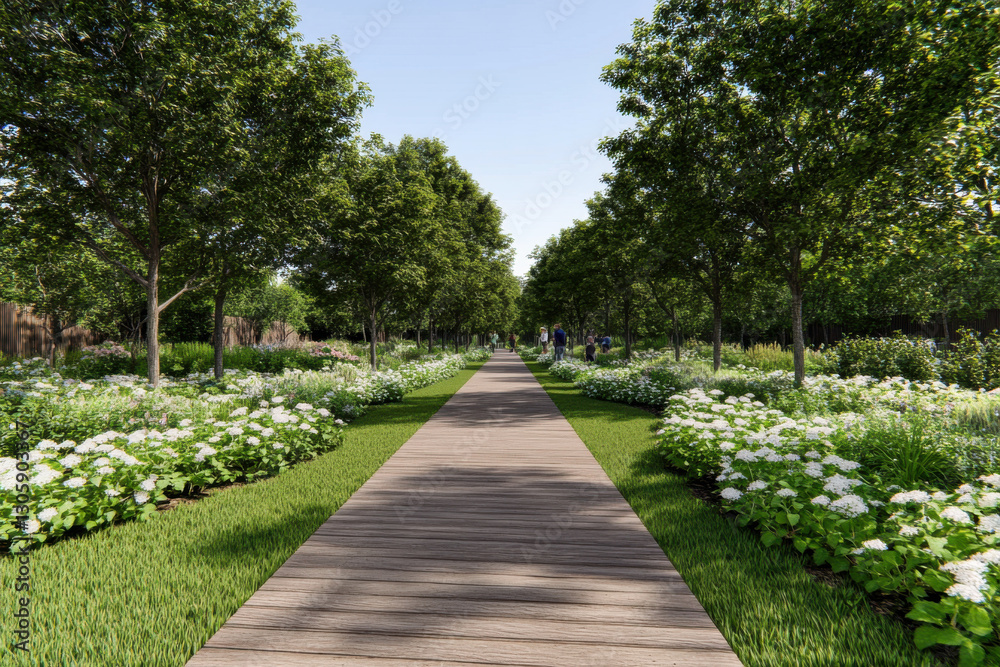 Obraz premium A path in a park with trees and flowers