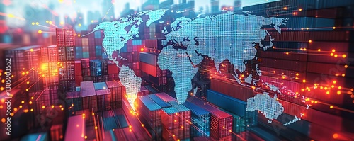 Global logistics visualized through a container ship moving across a digital world map, with brightly colored containers emphasizing international shipping and trade photo