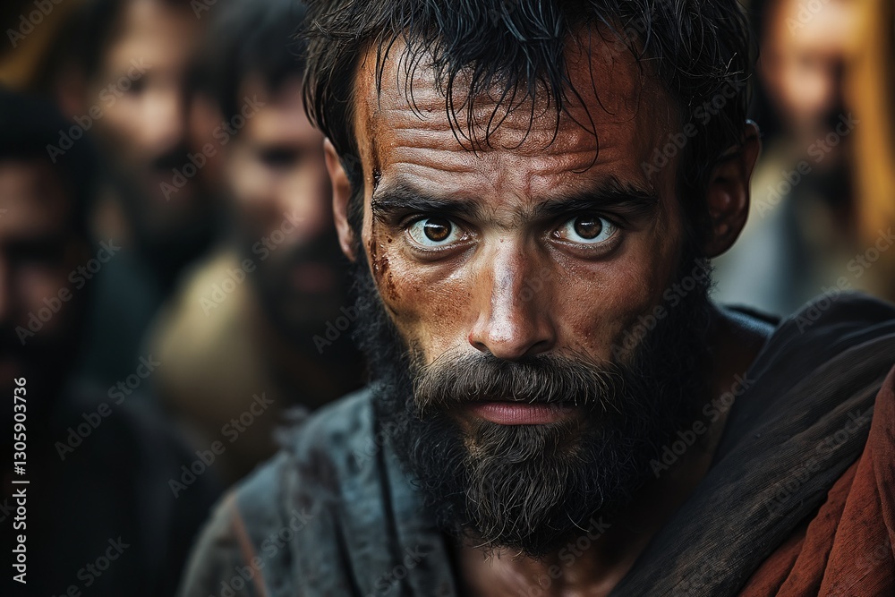 Journey of Humanity: Captivating Middle-Eastern Portrait with a Dramatic Gaze in a Vintage Dusty Setting Journey of Humanity: Captivating Middle-Eastern Portrait with a Dramatic Gaze in a Vintage Dusty Setting