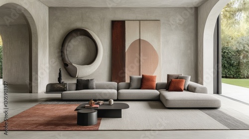Contemporary living room with a low-profile sofa, bold accent pillows, and a minimalist rug for a sophisticated look