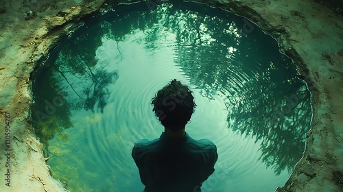 Figure gazing into a mirror of water quietly contemplating personal thoughts symbolizing self reflection