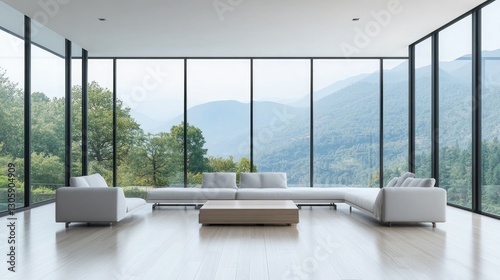 Contemporary minimalist living room with large glass windows, simple furniture, and a monochromatic color palette