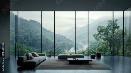 Contemporary minimalist living room with large glass windows, simple furniture, and a monochromatic color palette