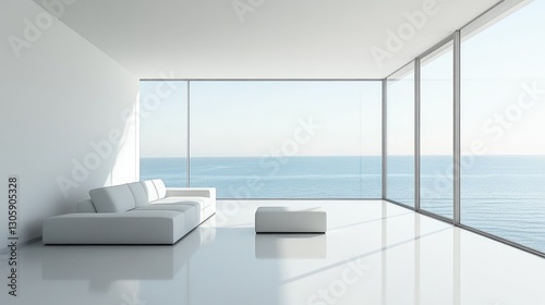 Contemporary minimalist living room with large glass windows, simple furniture, and a monochromatic color palette