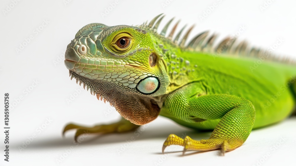 Obraz premium Vibrant Green Iguana with Intricate Scales Posing Gracefully against a Light Background