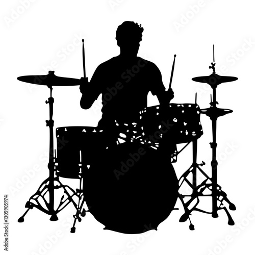 Man play drum set music silhouette drummer vector