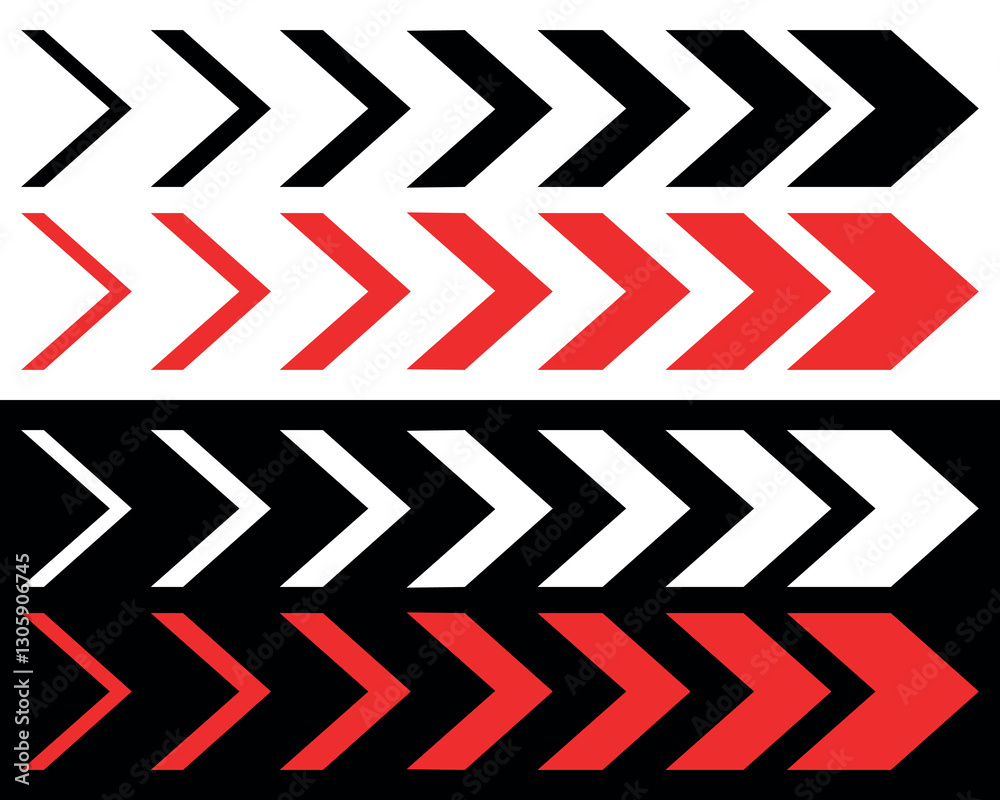 Black, Red and White Dynamic arrow symbols. Vector illustration isolated on black and white background. Black, Red and White Dynamic arrow symbols. Vector illustration isolated on black and white background.