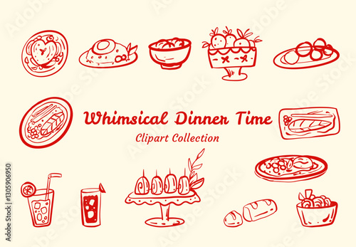 Family Dinner Time Bundle Traditional Meal Design  For Domestic Digital Art Graphics Assets