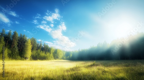 Bright Sunlight Illuminates a Serene Green Meadow and Forest Landscape