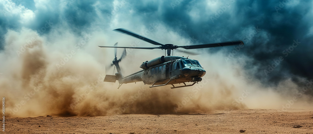 Fototapeta premium Helicopter desert takeoff, dust storm